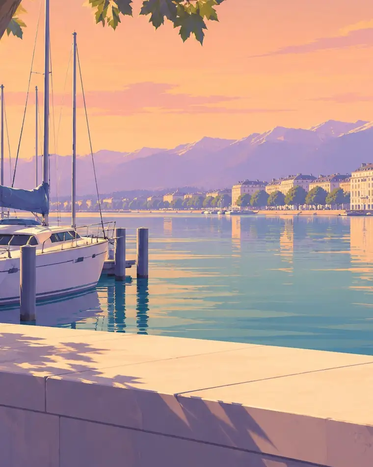 La marina et les montagnes dans la lumière du soir, illustration.