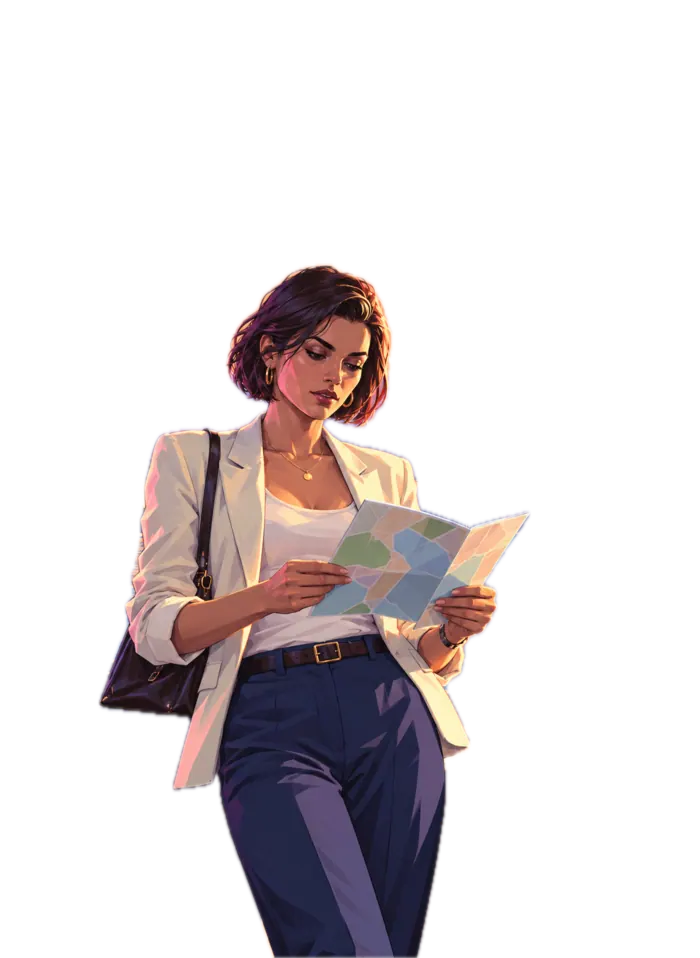 Une femme lit un plan de la ville, appuyée à un parapet du quai, illustration.