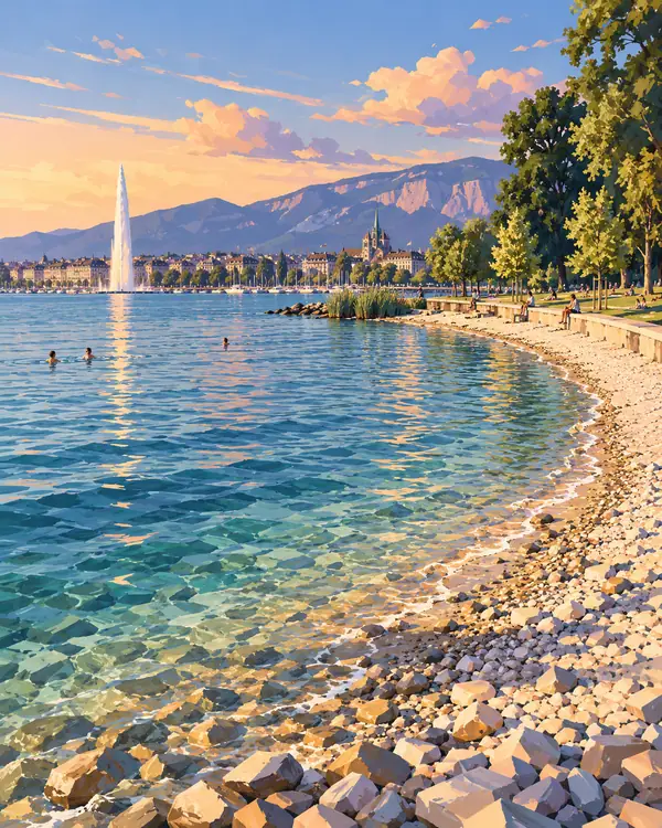 Carte postale illustrée : Plage des Eaux-Vives.