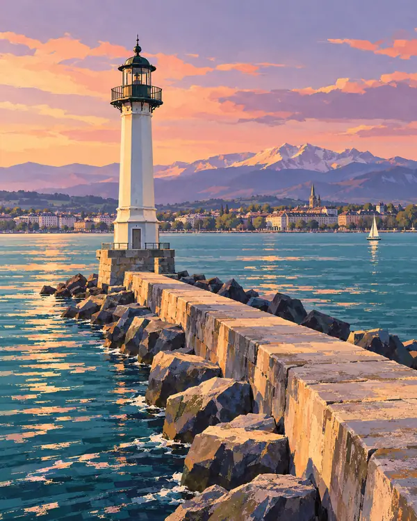 Carte postale illustrée : Phare des Pâquis.