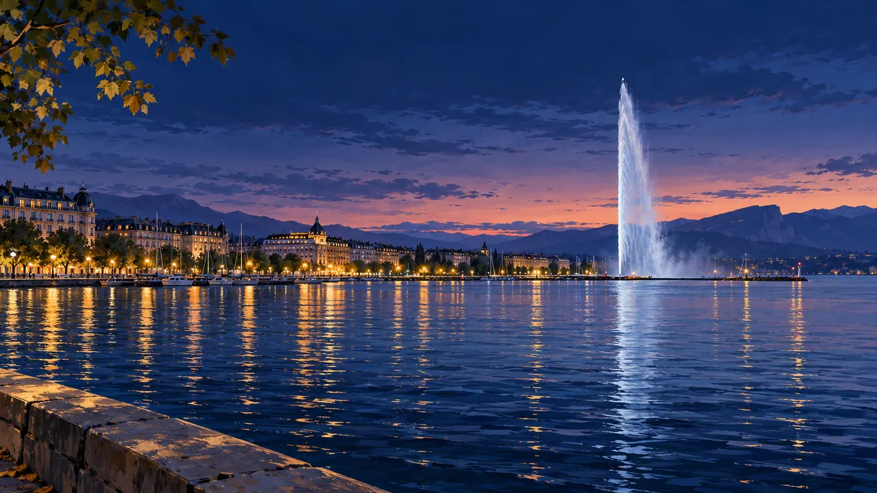 Le Jet d'eau de Genève à l'heure bleue : les quais éclairés, le lac sombre et les montagnes au fond.