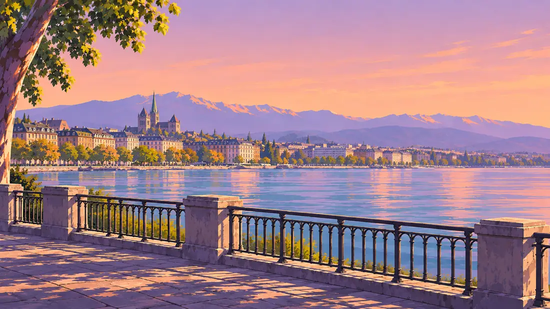 La rade de Genève au coucher du soleil : la vieille ville et sa cathédrale, les Alpes, le lac et le quai, illustration.