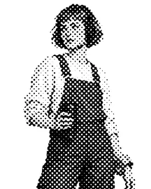Kim, régisseuse de la radio, casque-micro sur une oreille, illustration en trame d'imprimerie.