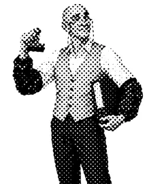 Monsieur Tamponnet, un tampon encreur à la main, illustration en trame d'imprimerie.