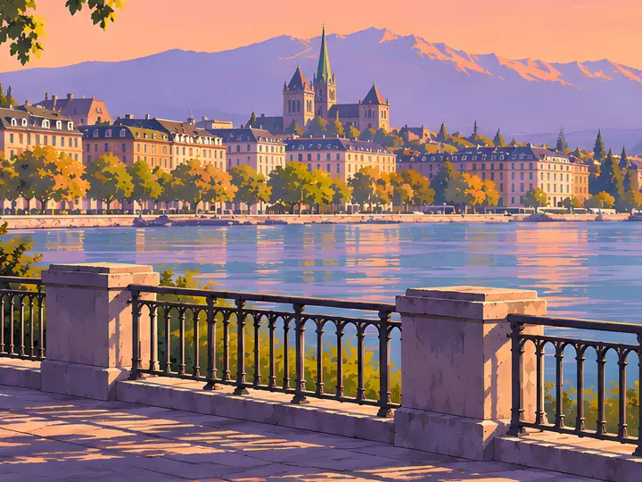 La rade de Genève au coucher du soleil, vue du quai&nbsp;: la cathédrale, les façades, le lac, illustration.